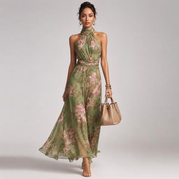 Blumen-Maxikleid mit Neckholder – Chiffon, Grün