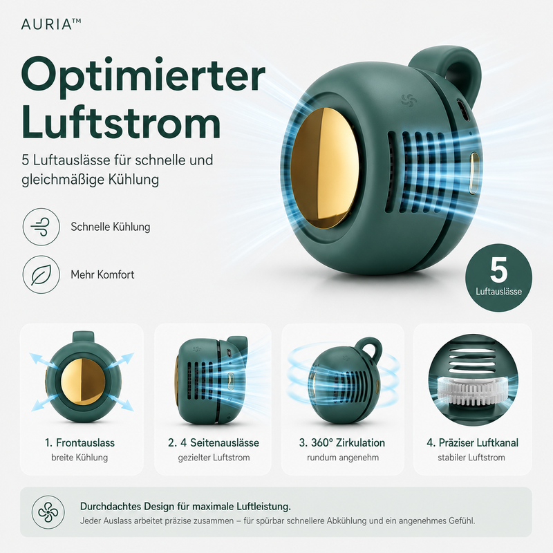 AURIA Tragbarer, geräuschloser Mini-Ventilator ohne Flügel, 3 Geschwindigkeitsstufen