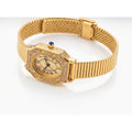 Goldene Schmuckuhr für Damen – gravierte Lünette mit Steinen, Mesh-Armband