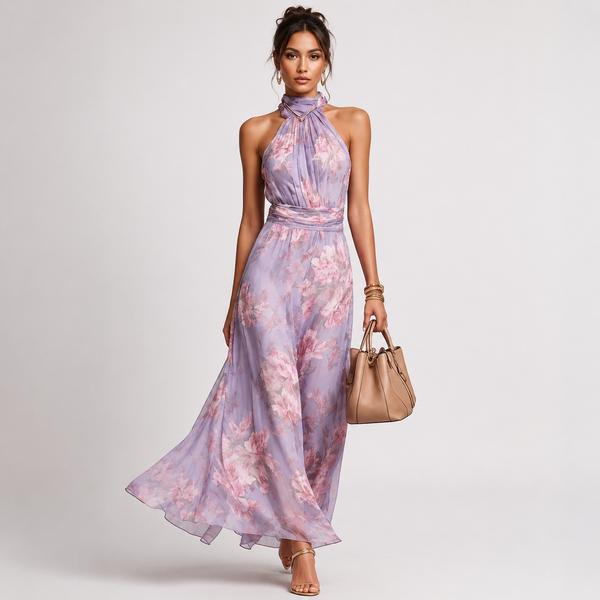 Blumen-Maxikleid mit Neckholder – Chiffon, Violett