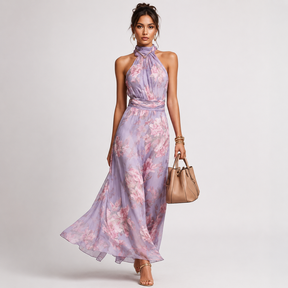 Blumen-Maxikleid mit Neckholder – Chiffon, Violett