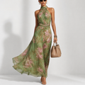 Blumen-Maxikleid mit Neckholder – Chiffon, Grün