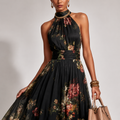 Blumen-Maxikleid mit Neckholder – Chiffon, Grün