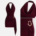 Rückenfreies Strickkleid mit V-Ausschnitt – Bordeaux & Café
