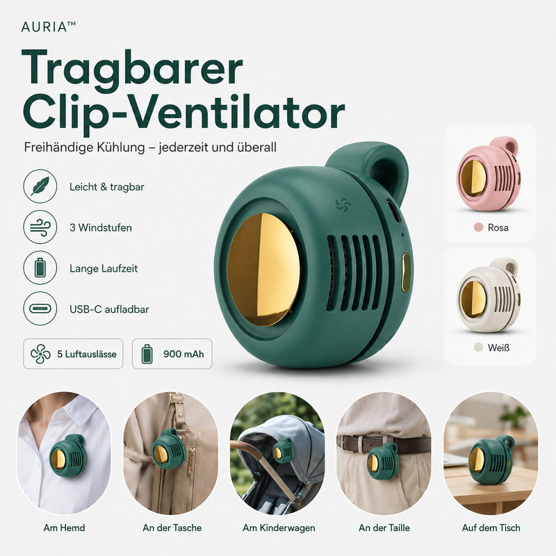 AURIA Tragbarer, geräuschloser Mini-Ventilator ohne Flügel, 3 Geschwindigkeitsstufen