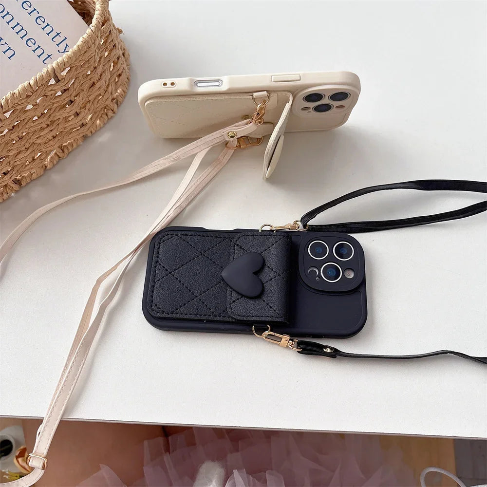 Cute Heart Lanyard Crossbody Necklace Strap Card Holder Phone Case for IPhone 17 Air 16 15 14 Plus 13 12 11 Pro Max X XR Cover