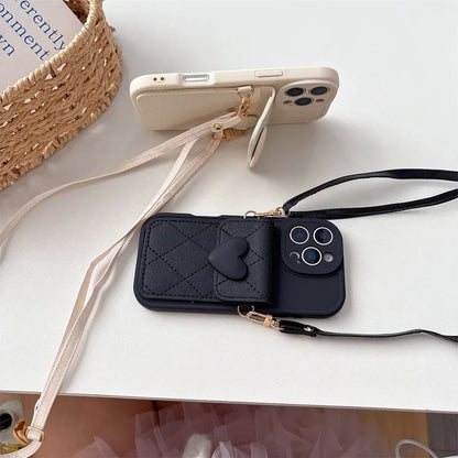 Cute Heart Lanyard Crossbody Necklace Strap Card Holder Phone Case for IPhone 17 Air 16 15 14 Plus 13 12 11 Pro Max X XR Cover