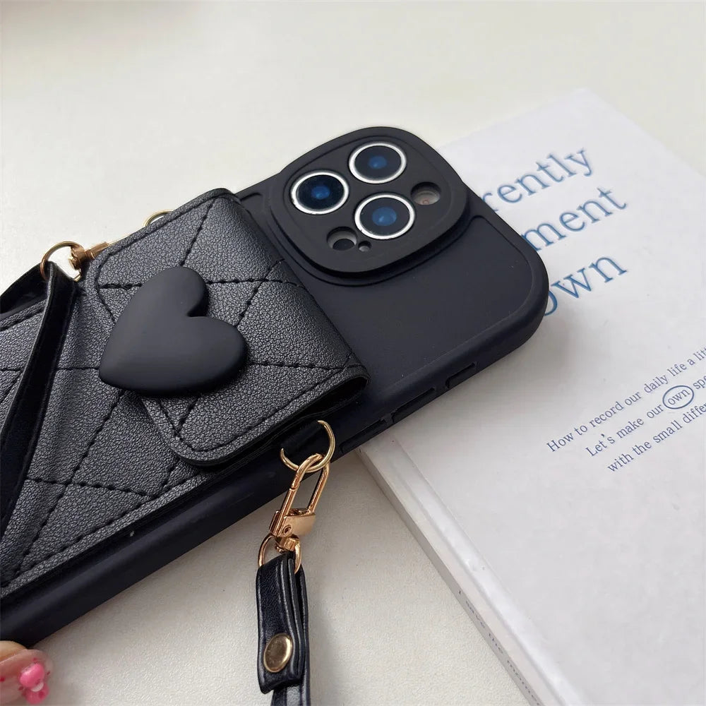 Cute Heart Lanyard Crossbody Necklace Strap Card Holder Phone Case for IPhone 17 Air 16 15 14 Plus 13 12 11 Pro Max X XR Cover