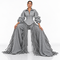 Zweiteiler mit Fransen – Korsett-Jacke & weite Hose, Grau
