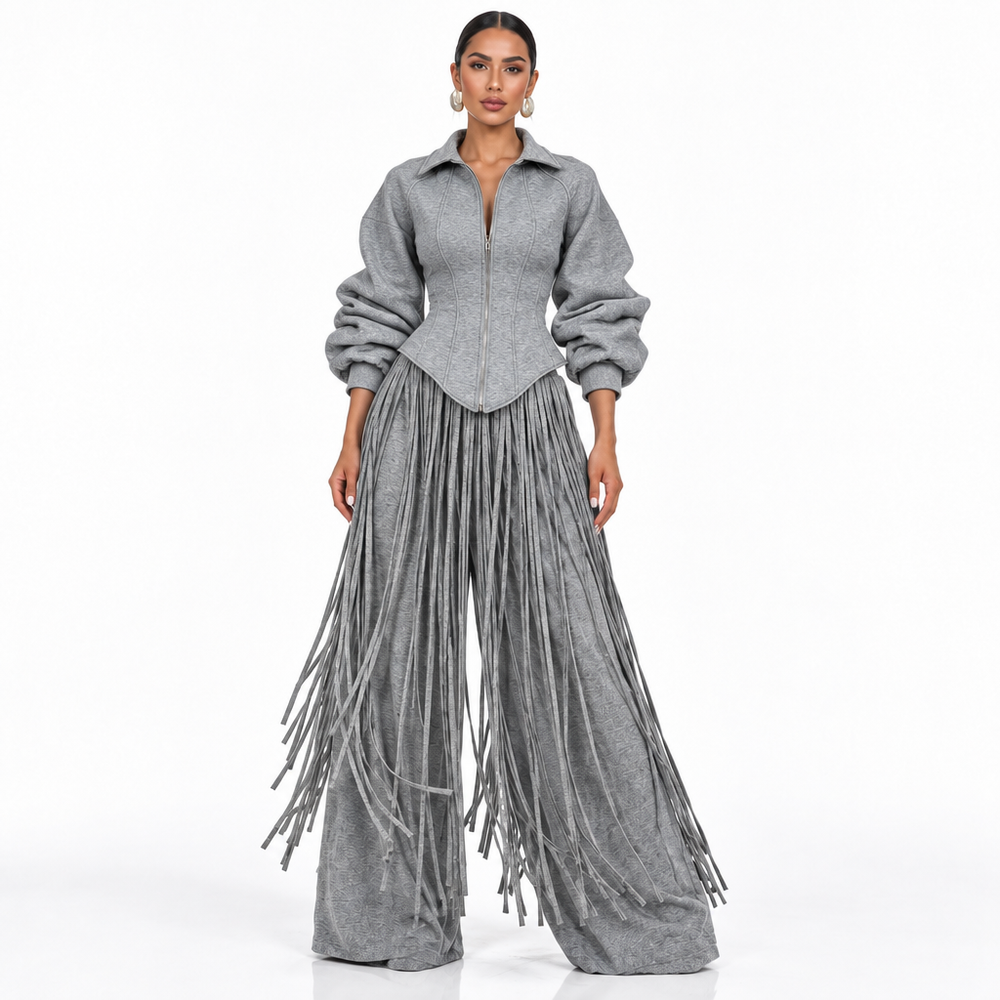 Zweiteiler mit Fransen – Korsett-Jacke & weite Hose, Grau