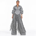 Zweiteiler mit Fransen – Korsett-Jacke & weite Hose, Grau