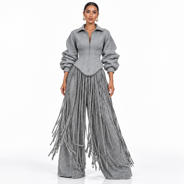 Zweiteiler mit Fransen – Korsett-Jacke & weite Hose, Grau