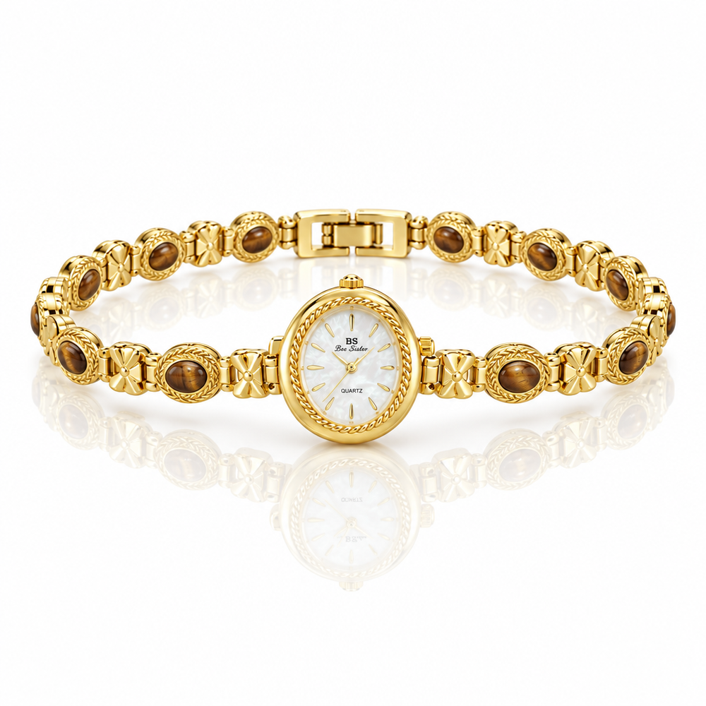Ovale Damenuhr mit Steinbesatz – Gliederarmband, 3 Farben