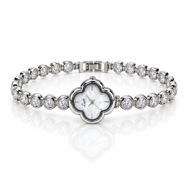 Damenuhr mit Vierpass-Gehäuse – Perlmutt-Optik, Strass-Armband