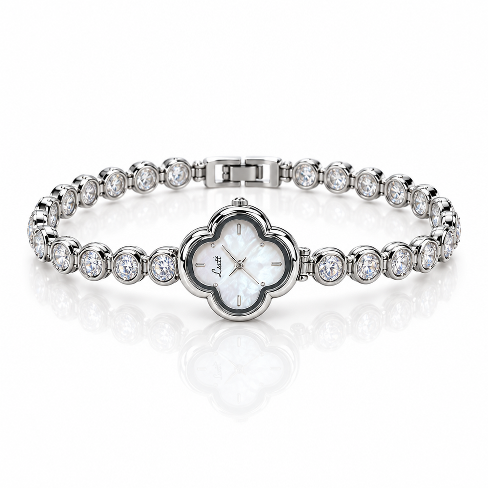 Damenuhr mit Vierpass-Gehäuse – Perlmutt-Optik, Strass-Armband