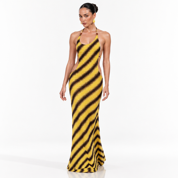 Gestreiftes Neckholder-Maxikleid – rückenfrei, figurbetont